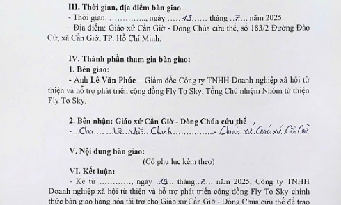 Biên bản bàn giao hàng hóa tài trợ cho Nhà dưỡng lão Thanh Tâm, số 179/5 Đường Tắc Xuất, xã Cần Giờ, TP. Hồ Chí Minh