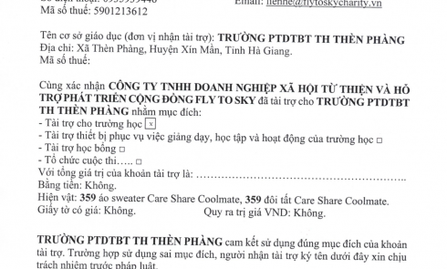 Biên bản xác nhận tài trợ và biên bản bàn giao tài trợ cho Trường PTDTBT TH Thèn Phàng, xã Thèn Phàng, huyện Xín Mần, tỉnh Hà Giang