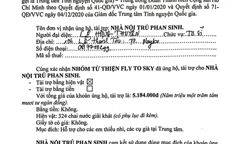Biên bản xác nhận tài trợ Nhà nội trú Phan Sinh