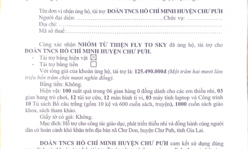 Biên bản xác nhận tài trợ Đoàn TNCS Hồ Chí Minh huyện Chư Pưh - Hành trình Tôi yêu Tổ quốc tôi năm 2024