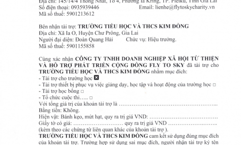 Biên bản xác nhận tài trợ và Biên bản bàn giao tài trợ cho Trường TH và THCS Kim Đồng xã Ia O, huyện Chư Prông, Gia Lai 