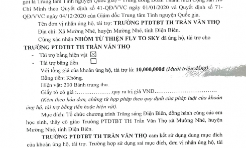 Biên bản xác nhận tài trợ 200 bánh trung thu đến Trường PTDTBT TH Trần Văn Thọ