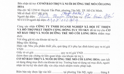 Biên bản xác nhận tài trợ và Biên bản bàn giao tài trợ cho Cơ sở Bảo trợ và Nuôi dưỡng trẻ em mồ côi Long Hoa, phường Tân Mỹ, TP. Hồ Chí Minh