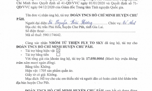 Biên bản xác nhận tài trợ Đoàn TNCS Hồ Chí Minh huyện Chư Păh